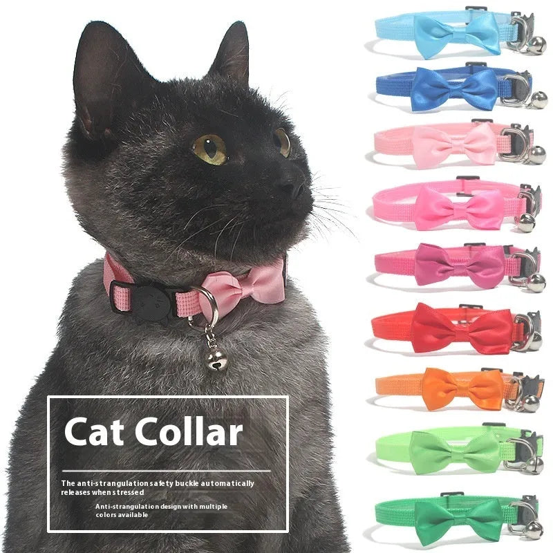 Adjustable striped nylon cat collar with bell in various colors including red, green, and blue
