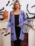 Women's black Halloween cardigan with orange pumpkin head jacquard pattern, regular sleeves, straight cut