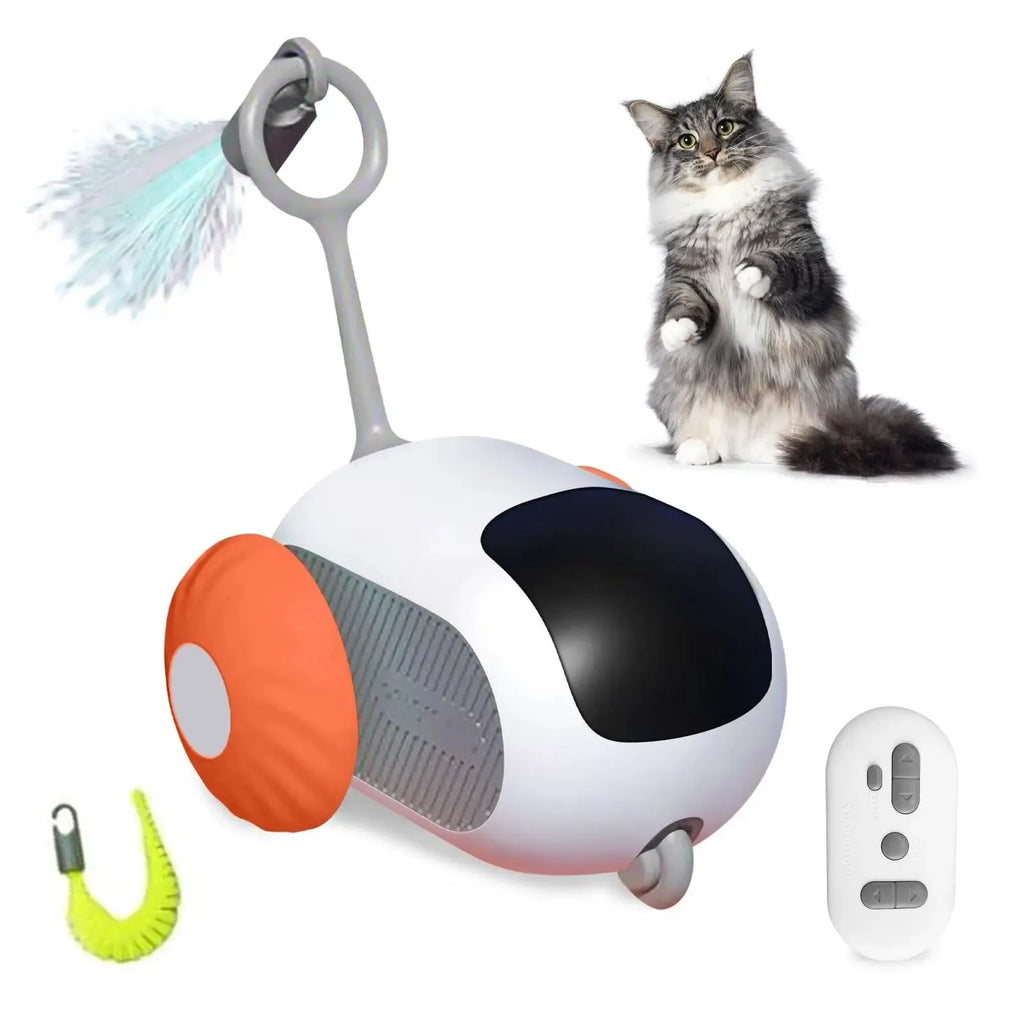 Blue remote-controlled cat toy car with feather attachment on orange background