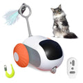 Blue remote-controlled cat toy car with feather attachment on orange background