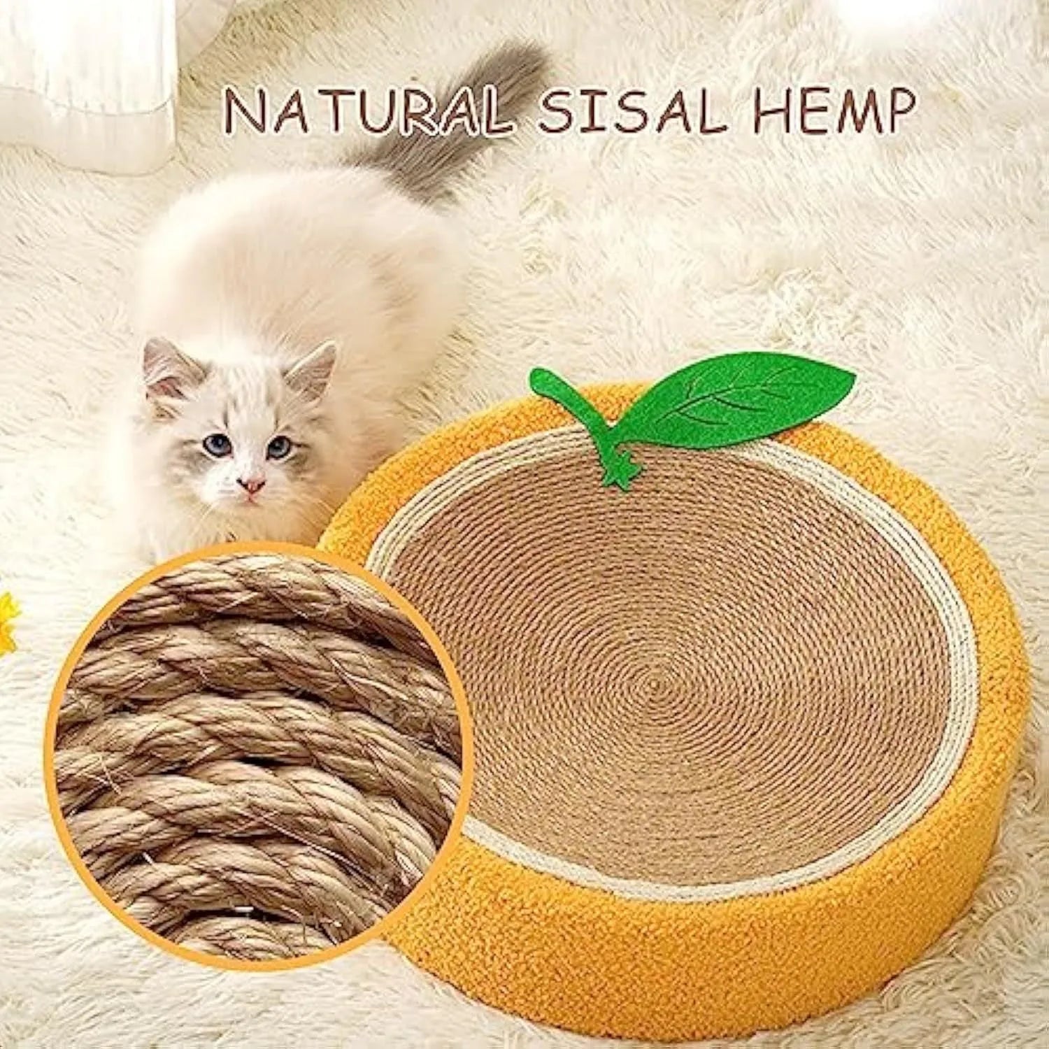 Yellow fruit-shaped sisal cat scratching board and bed with concave centre for small breeds
