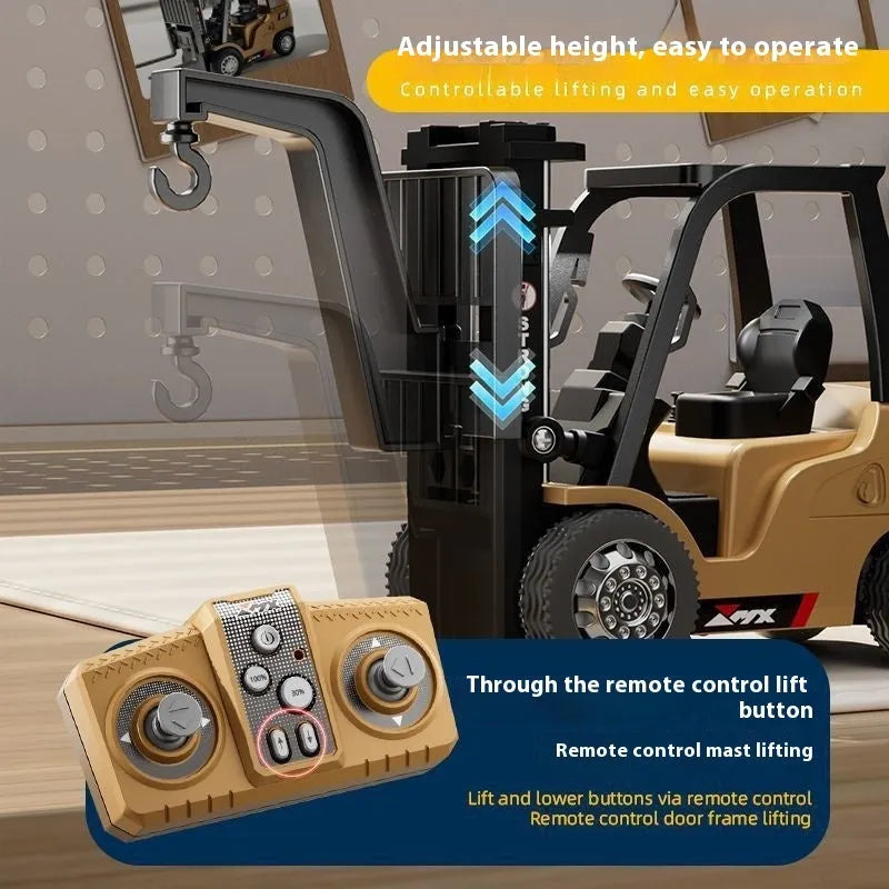 A detailed grey alloy remote control forklift toy with a black cargo hook and pallet on a white background.