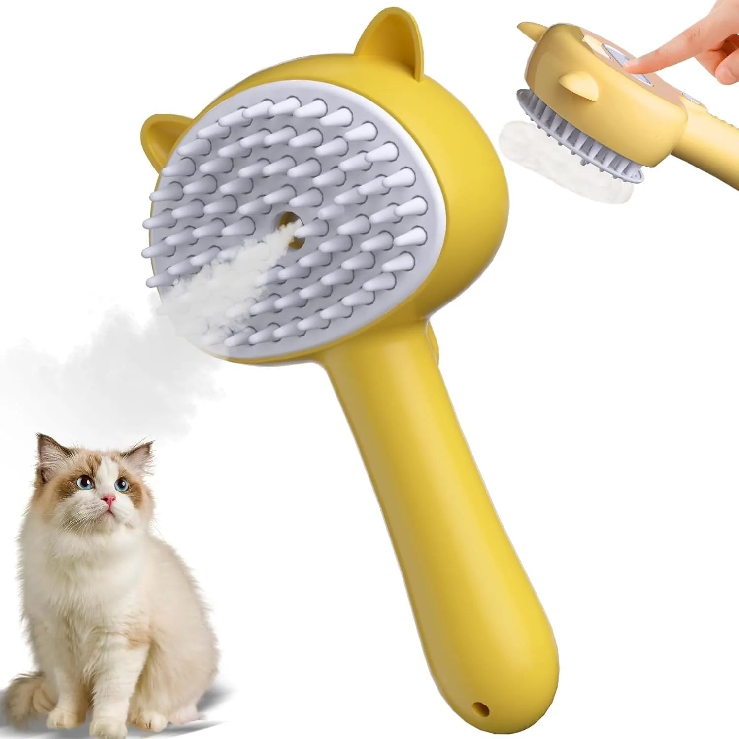Blue pink yellow cat steam brush with ergonomic handle and release button for pet grooming