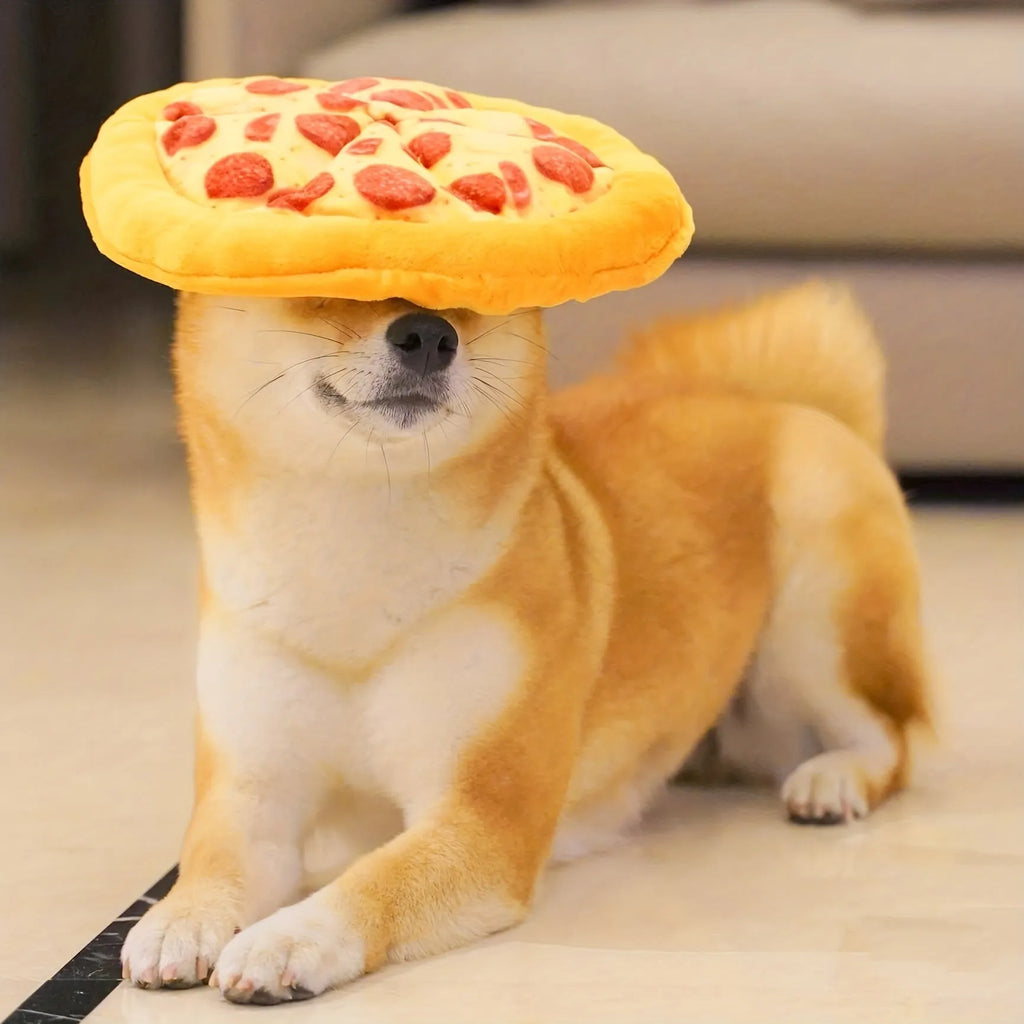 Yellow teddy bear dog chew toy with pizza design details for interactive play and dental care