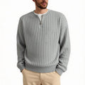 Men's grey half zip textured knit sweater with loose fit and long sleeves