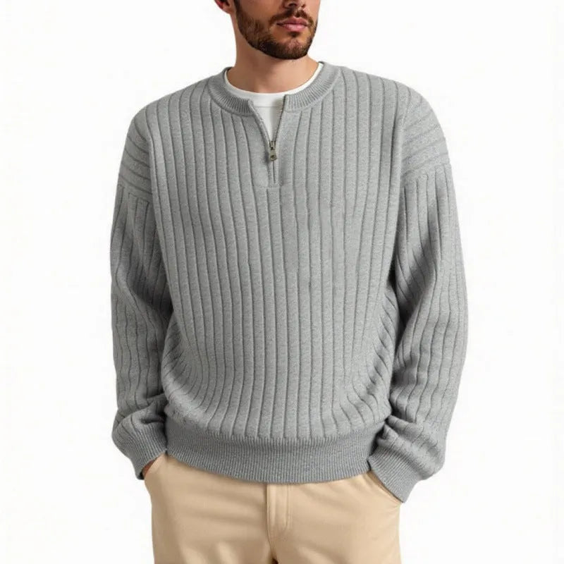 Men's grey half zip textured knit sweater with loose fit and long sleeves