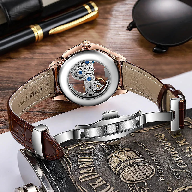 Men's waterproof mechanical watch with zircon detailing on wrist showing stainless steel butterfly buckle