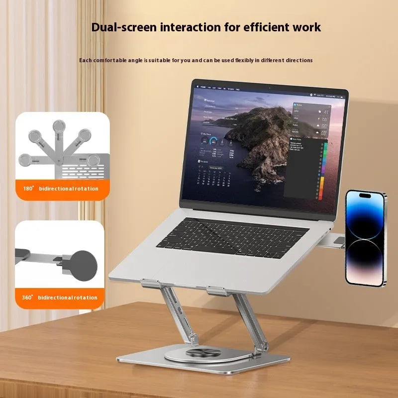 Silver carbon steel laptop stand with a side-mounted magnetic phone holder rotated to the front.