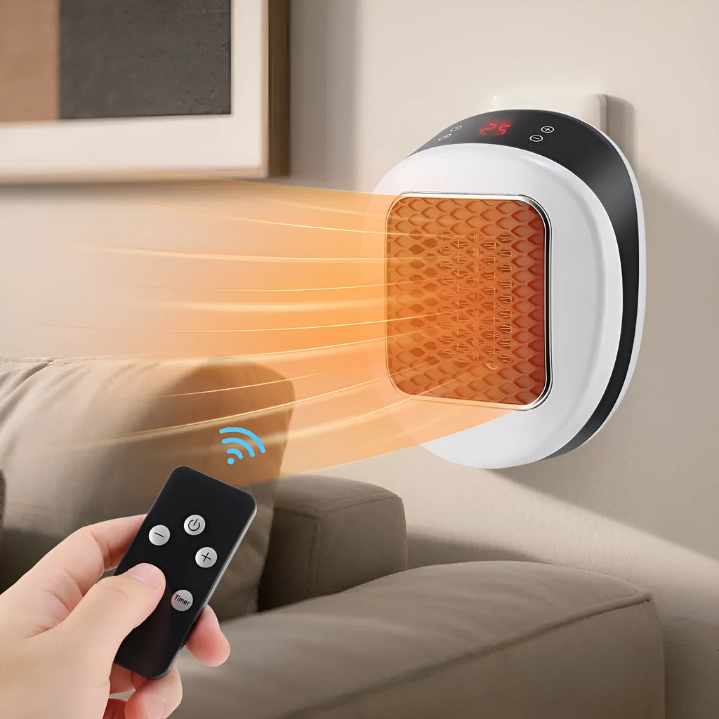 White ceramic heating electric hot air blower with remote control on a table.