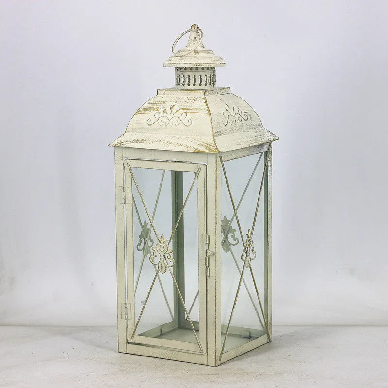 European style wrought iron floor-standing storm lantern with tempered glass panels for garden decoration