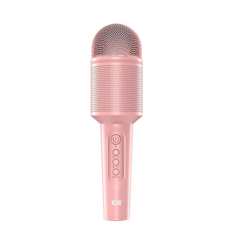 Wireless Bluetooth karaoke microphone in pink, blue, or green colour with USB port