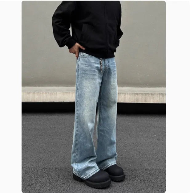 Men's blue retro straight jeans with whisker washing and a medium-high waist