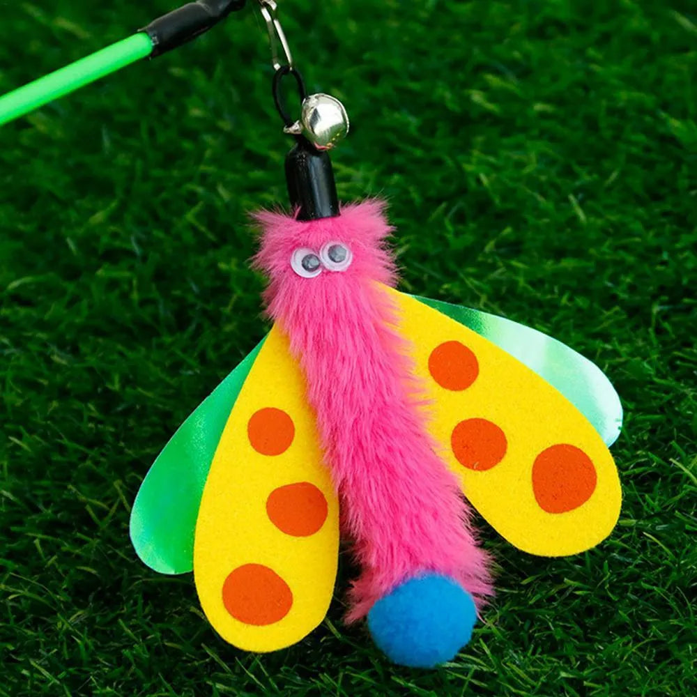 Blue dragonfly cat wand toy with bell on 49cm stick for interactive indoor play