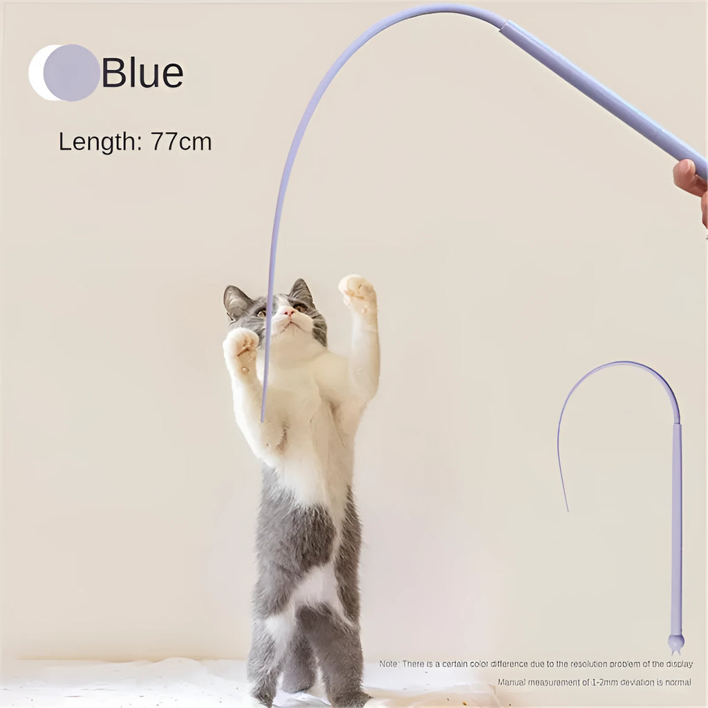 Blue simulated mouse tail cat toy with ABS handle and long silicone tail for interactive pet play