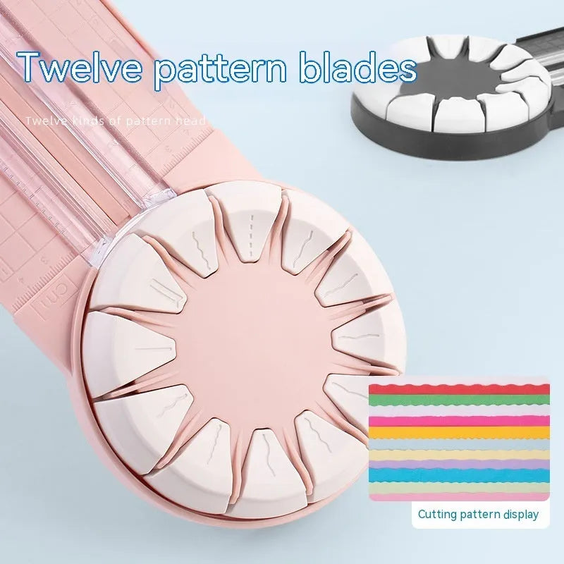 Pink plastic 12-in-1 manual paper cutting machine for decorative edges on craft paper