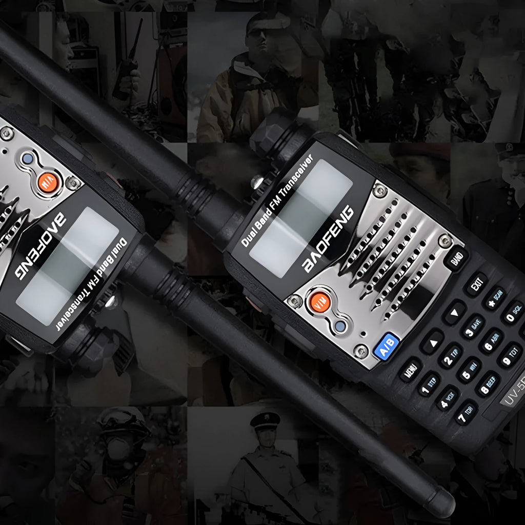 Baofeng UV-5RA handheld dual-band two-way radio with LCD screen and antenna.