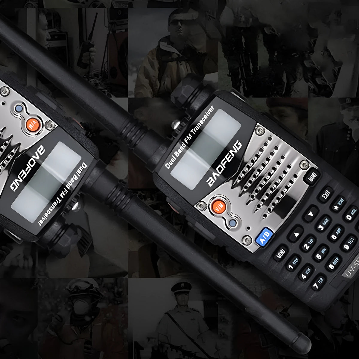 Baofeng UV-5RA handheld dual-band two-way radio with LCD screen and antenna.
