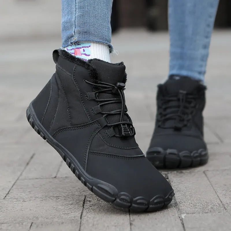 Outdoor snow boots in black, khaki, or pink with lace-up front and rubber sole