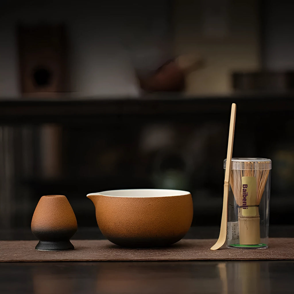 Ceramic matcha tea set with 550ml bowl, whisk, stand, and spoon in Chinese style glaze finish