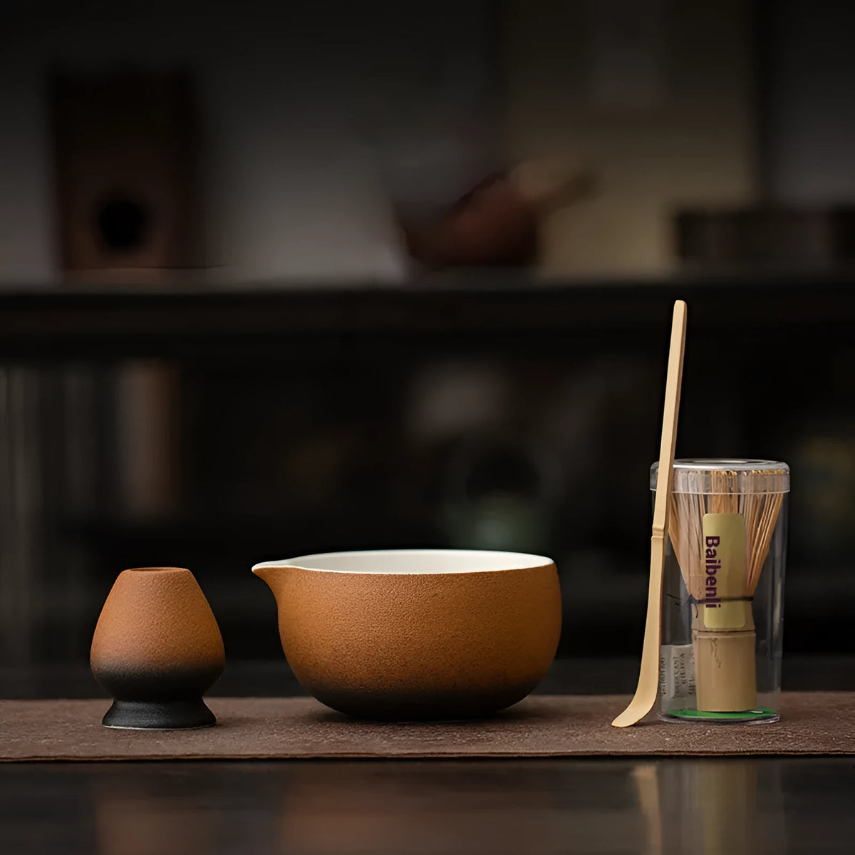 Ceramic matcha tea set with 550ml bowl, whisk, stand, and spoon in Chinese style glaze finish