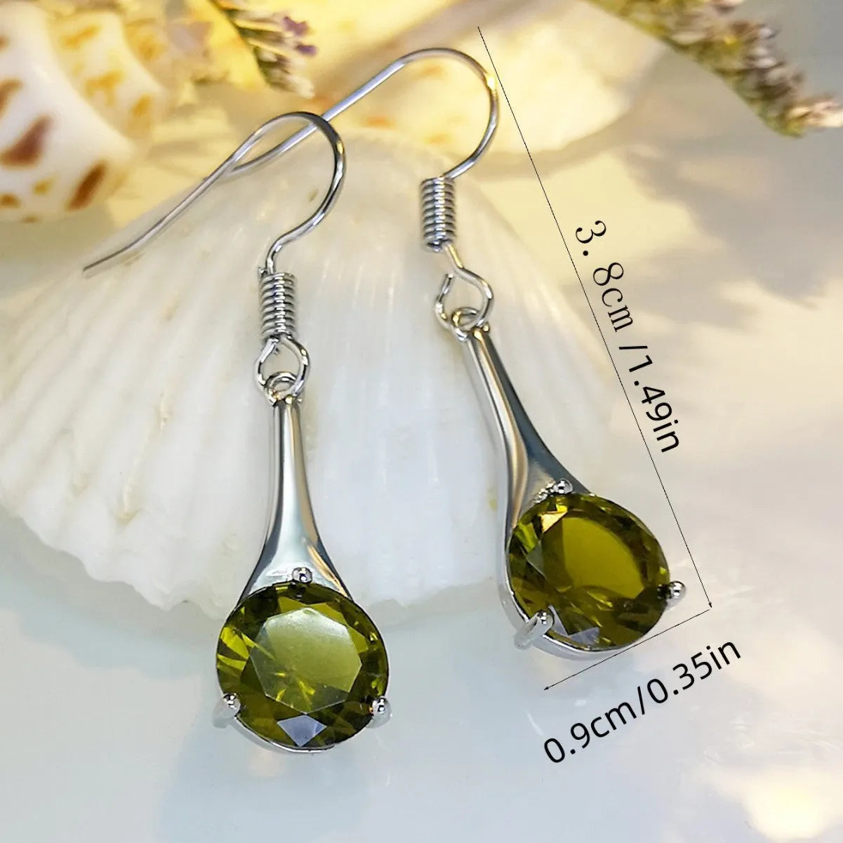 Olive green topaz water drop shaped earrings with electroplated finish and minimalist design