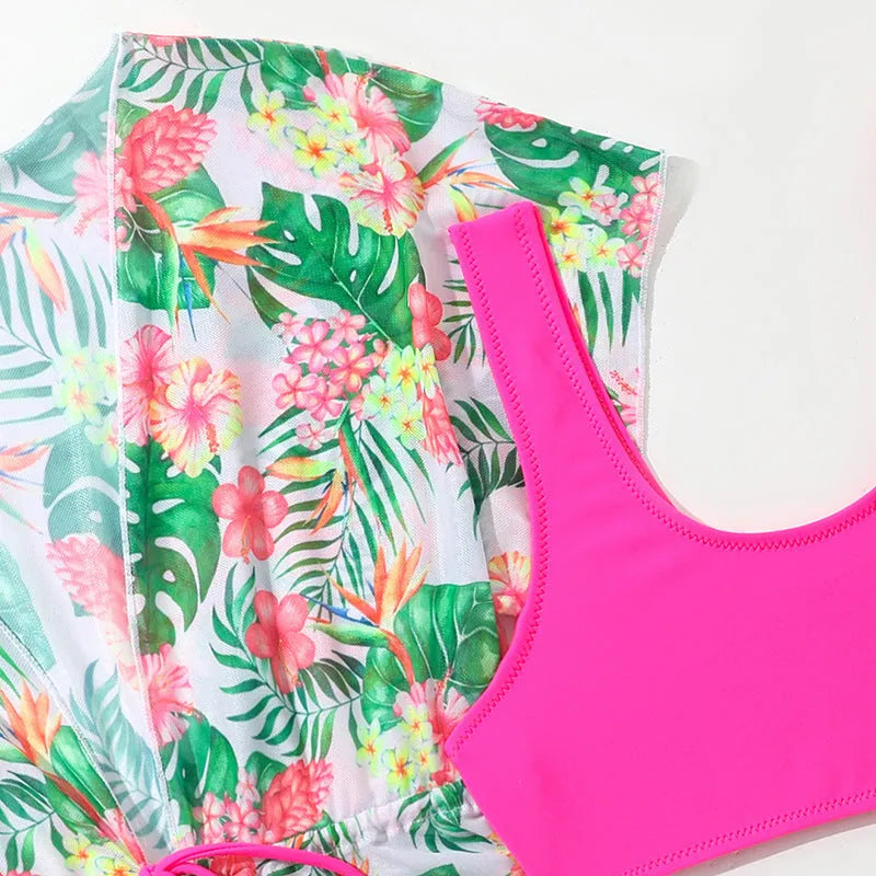 Girls' two-piece floral swimsuit in polyester for swimming, sizes 130-160cm