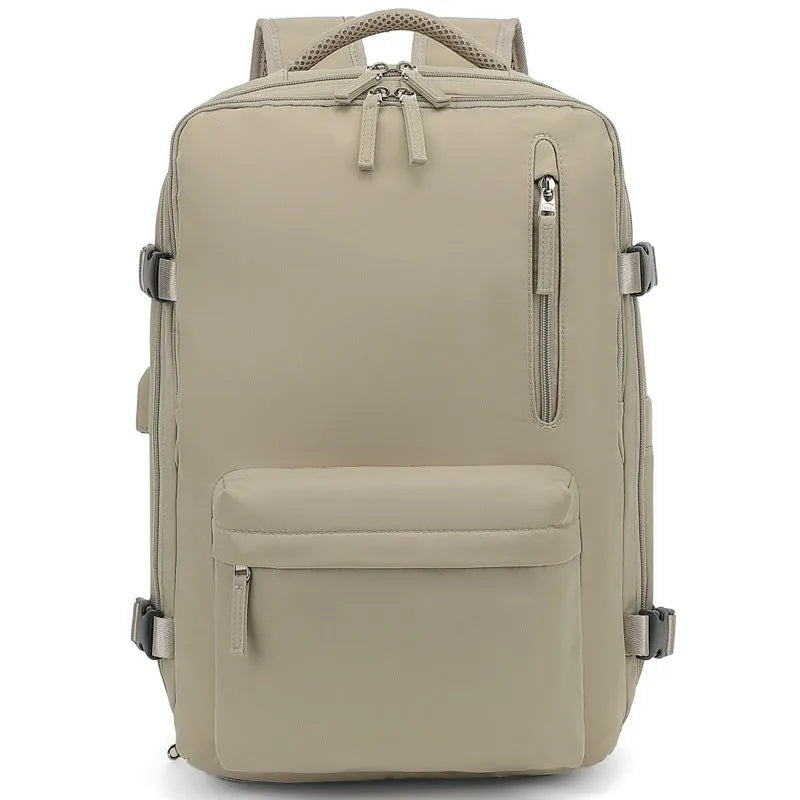 Large capacity waterproof Oxford cloth backpack in solid color with curved shoulder straps for travel and school use