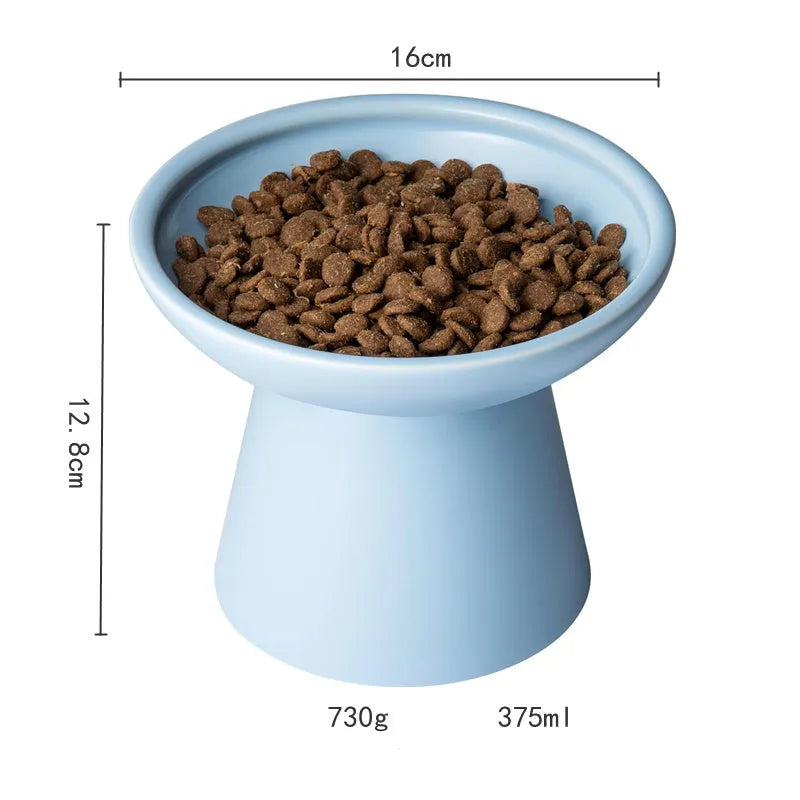 Ceramic elevated cat food and water bowls in blue, green, pink, and white colours