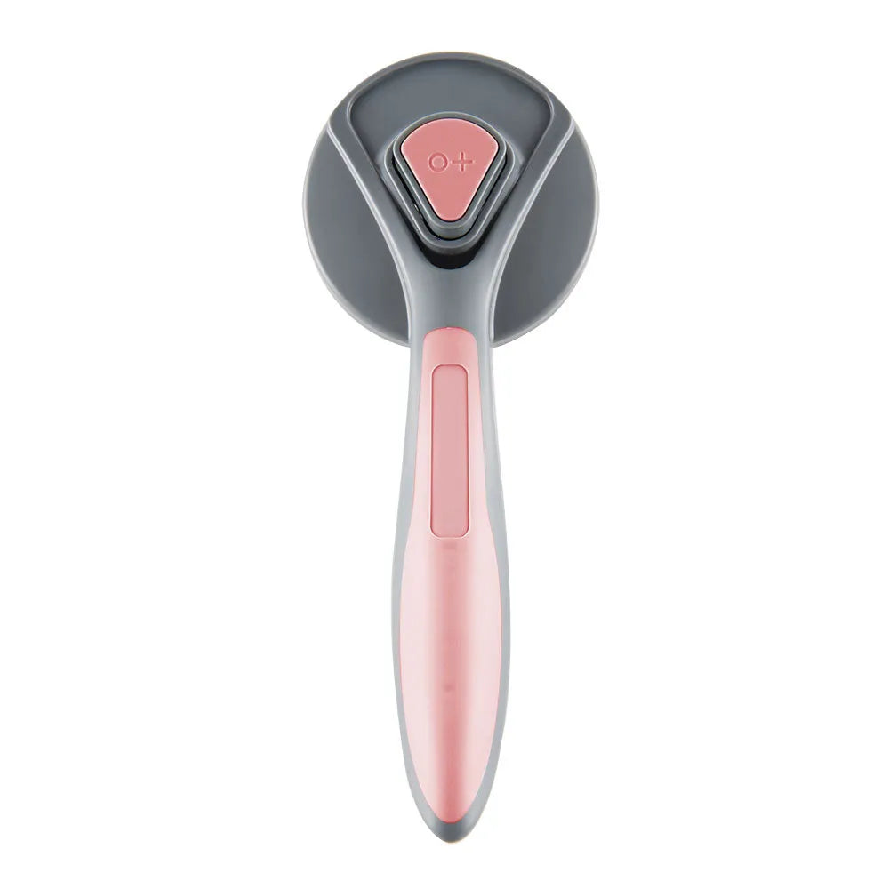 Self cleaning slicker brush for cats and dogs with non-slip handle in grey green or pink removing loose fur