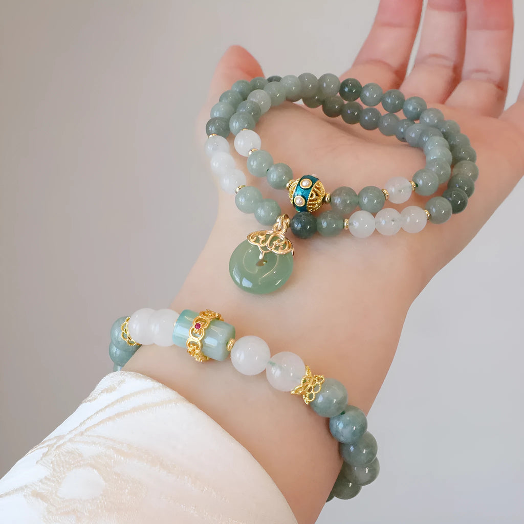 Women's Myanmar jade bracelet with geometric shapes and peace buckle charm on safety buckle