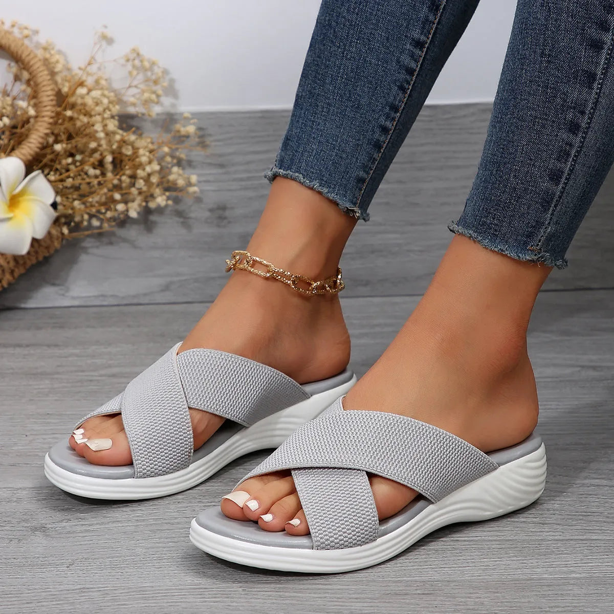 Women's black wedge summer slippers with peep-toe design and thick rubber sole