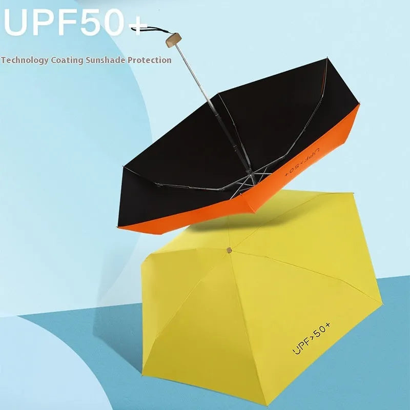 Closed five-fold sun umbrella showing flat profile and rubber handle