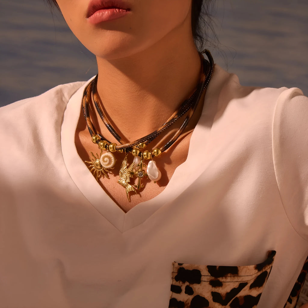 Leopard print geometric pendant necklace on stainless steel chain with adjustable length