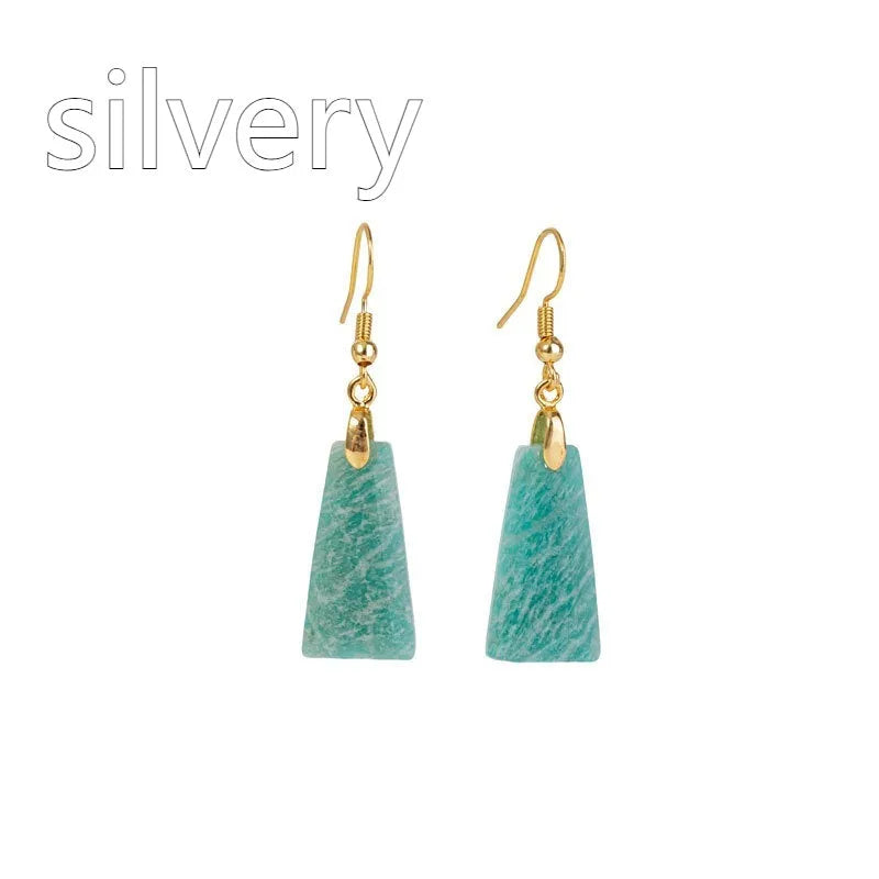 Amazonite rough stone trapezoid geometric earrings in gold or silver finish with octagon design elements