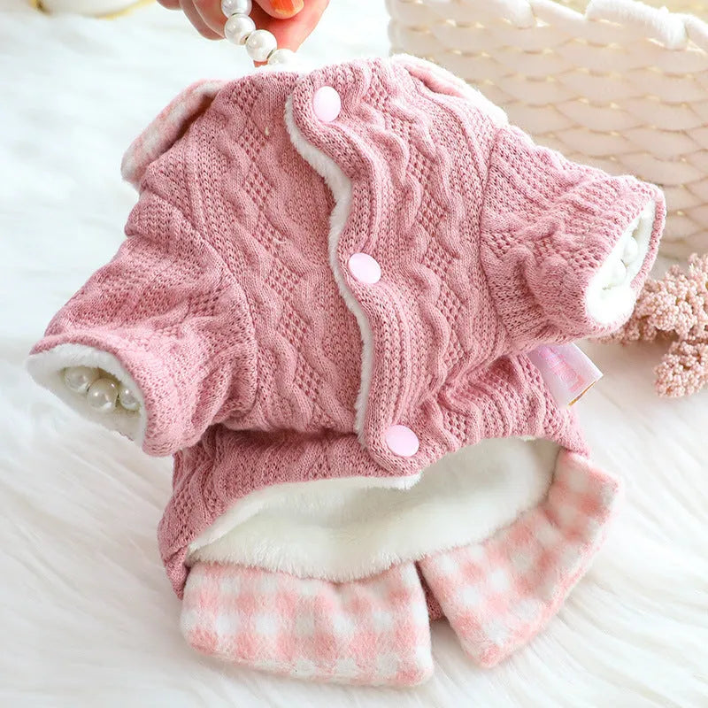 Blue wool plaid dog sweater with faux two-piece design and fleece lining for small to extra large dogs