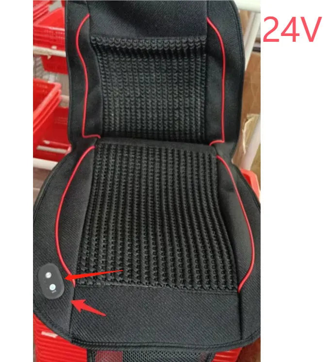 Black car ventilation seat cushion measuring 60cm square with power cord for 12V or 24V connection
