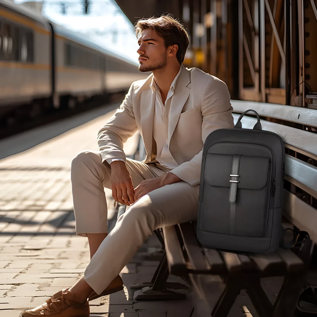 Black lightweight Oxford cloth backpack with urban simplicity design for business commuting
