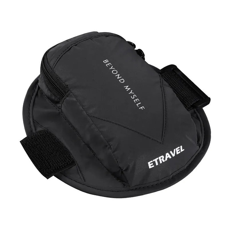 Reflective running arm bag in fluorescent yellow and black holding a smartphone for night safety during outdoor sports.