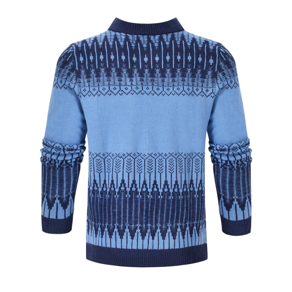 Men's grey knitted pullover sweater with crew neck and long sleeves on a hanger.