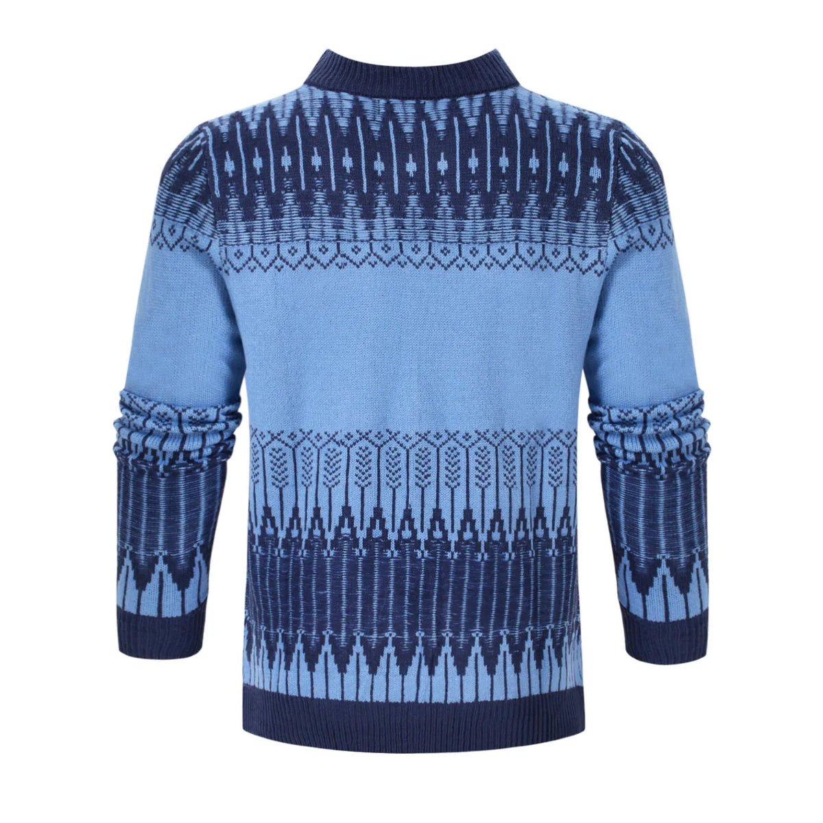 Men's grey knitted pullover sweater with crew neck and long sleeves on a hanger.