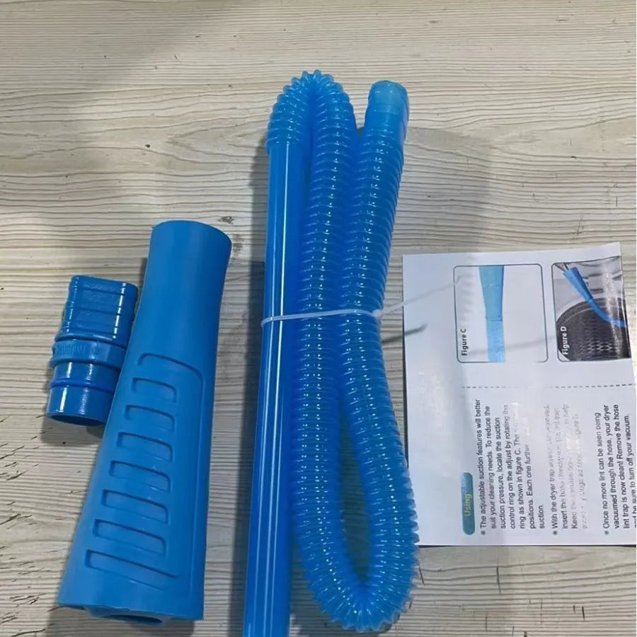 Blue plastic washing machine dust cleaner pipe with round head measuring 114cm long with three bag attachments