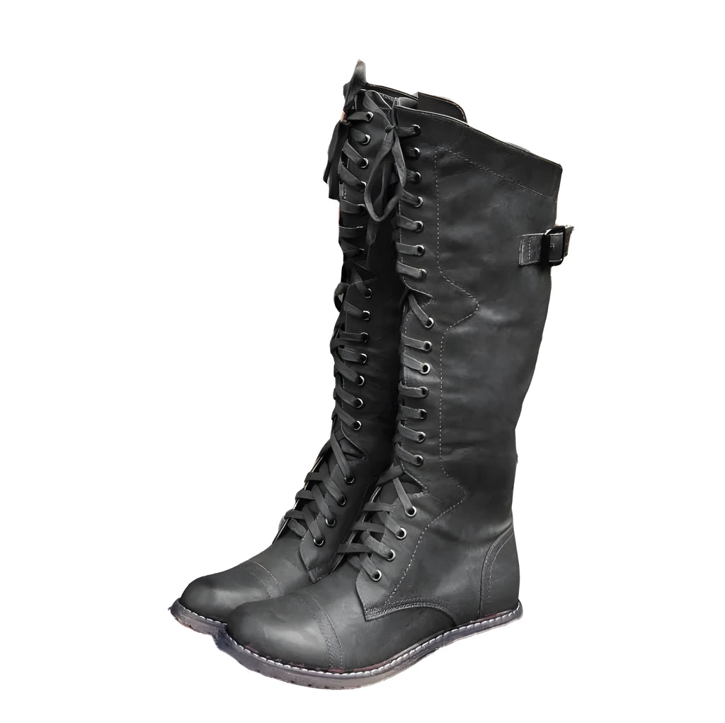 Women's cross strap knight boots in solid colour artificial PU, available in red black brown sizes 36-43