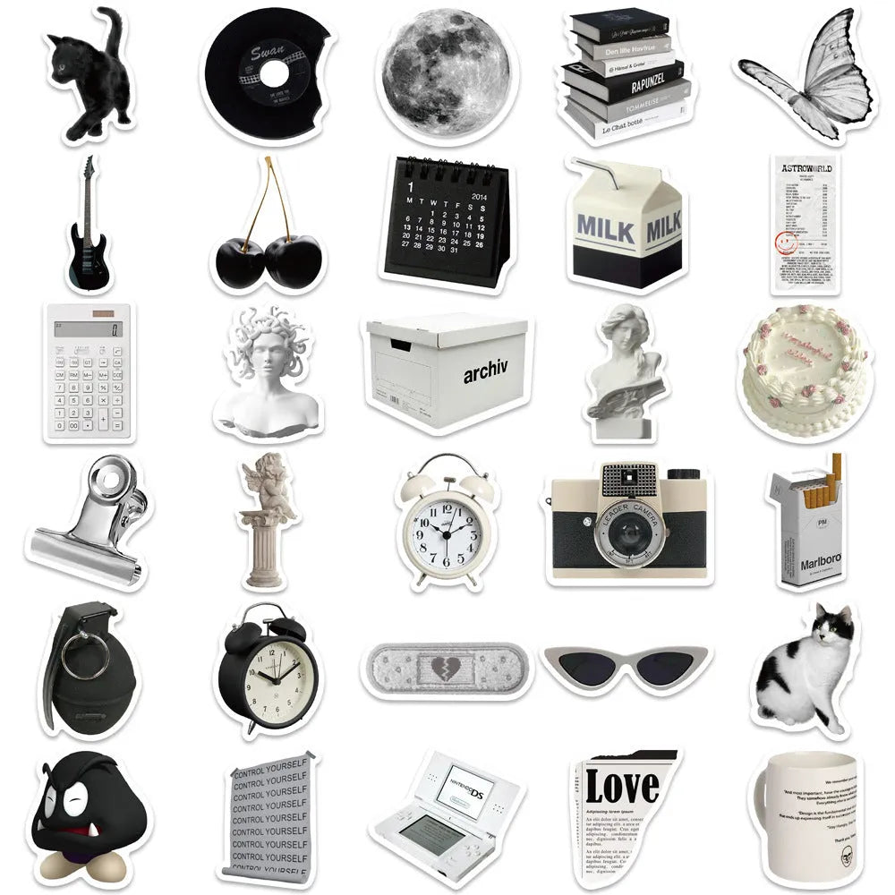 61-piece pack of black and white PVC waterproof decorative stickers for laptops and bottles.