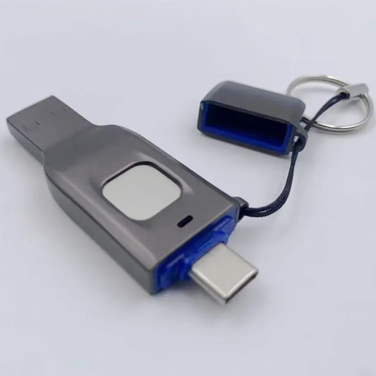 Black metal fingerprint encrypted USB flash drive with USB 3.0 and Type-C connectors.
