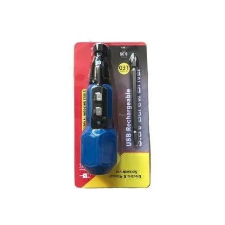 Black and blue 36V rechargeable electric screwdriver with a straight alloy steel handle.