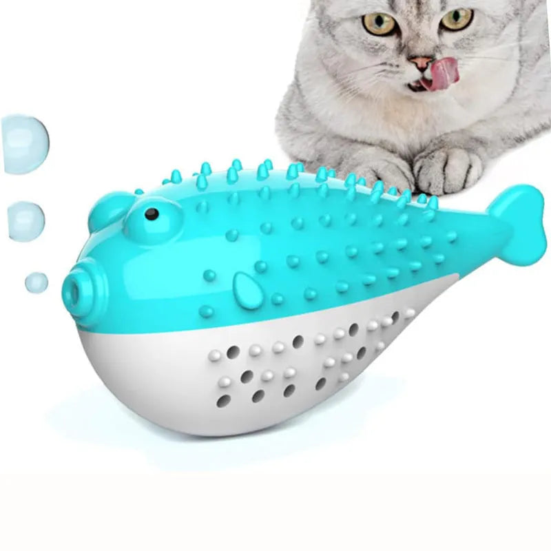 Blue silicone fish-shaped cat chew toy and teaser on a white background