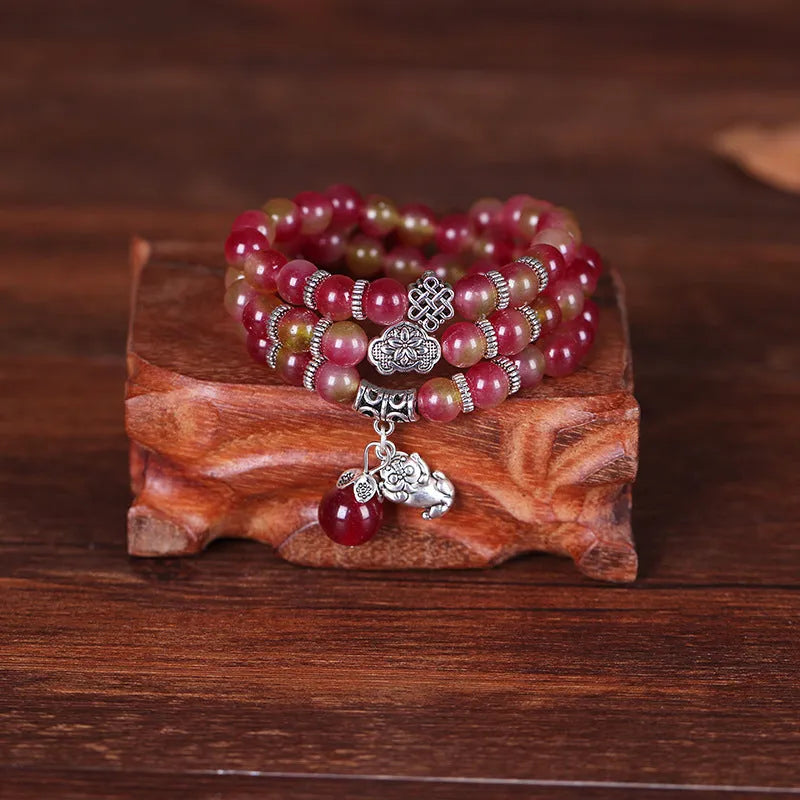 Handmade watermelon crystal bracelet with Chinese knot in geometric national style