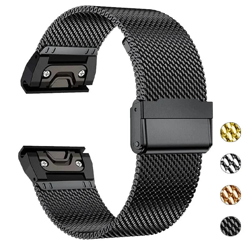 Stainless steel Garmin Fenix watch strap with integrated card slot in silver, black, gold, and rose gold.