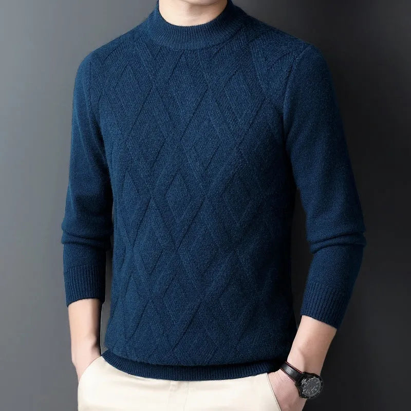 Men's thicken thermal wool blend pullover sweater with diamond jacquard pattern in light camel colour.
