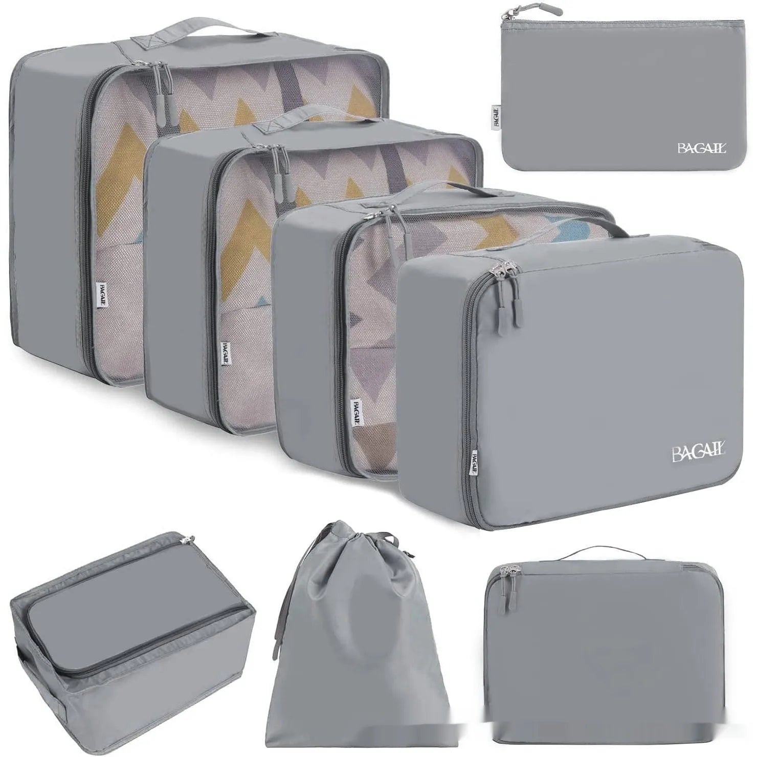 Cubic eight-piece travel packing set showing compression bags in various colours including beige, black, and pink leopard print